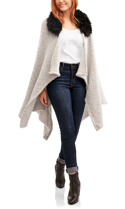 Sweater Cape with Faux Fur Collar