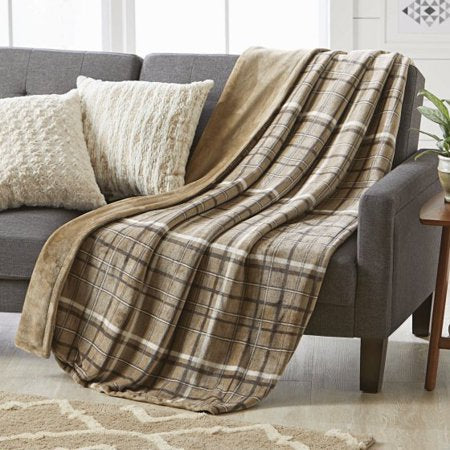 Better Homes and Gardens Oversize Reversible Velvet Plush Throw Blanket, Tan Plaid